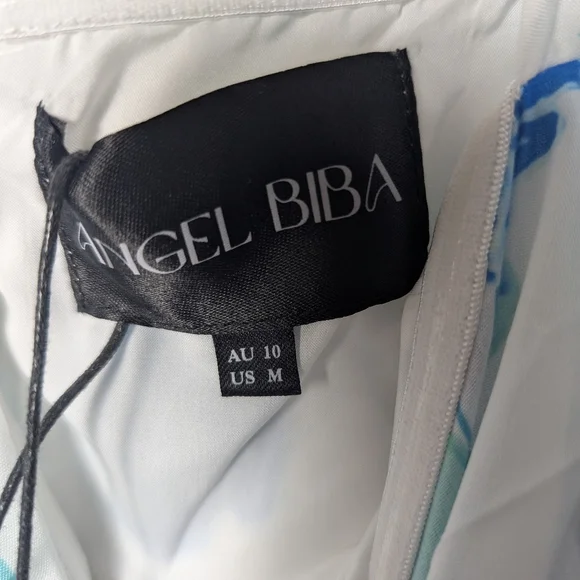 Angel Biba Dress Bubble Hem White Blue Floral Mini Dress Sz M new - Picture 6 of 8